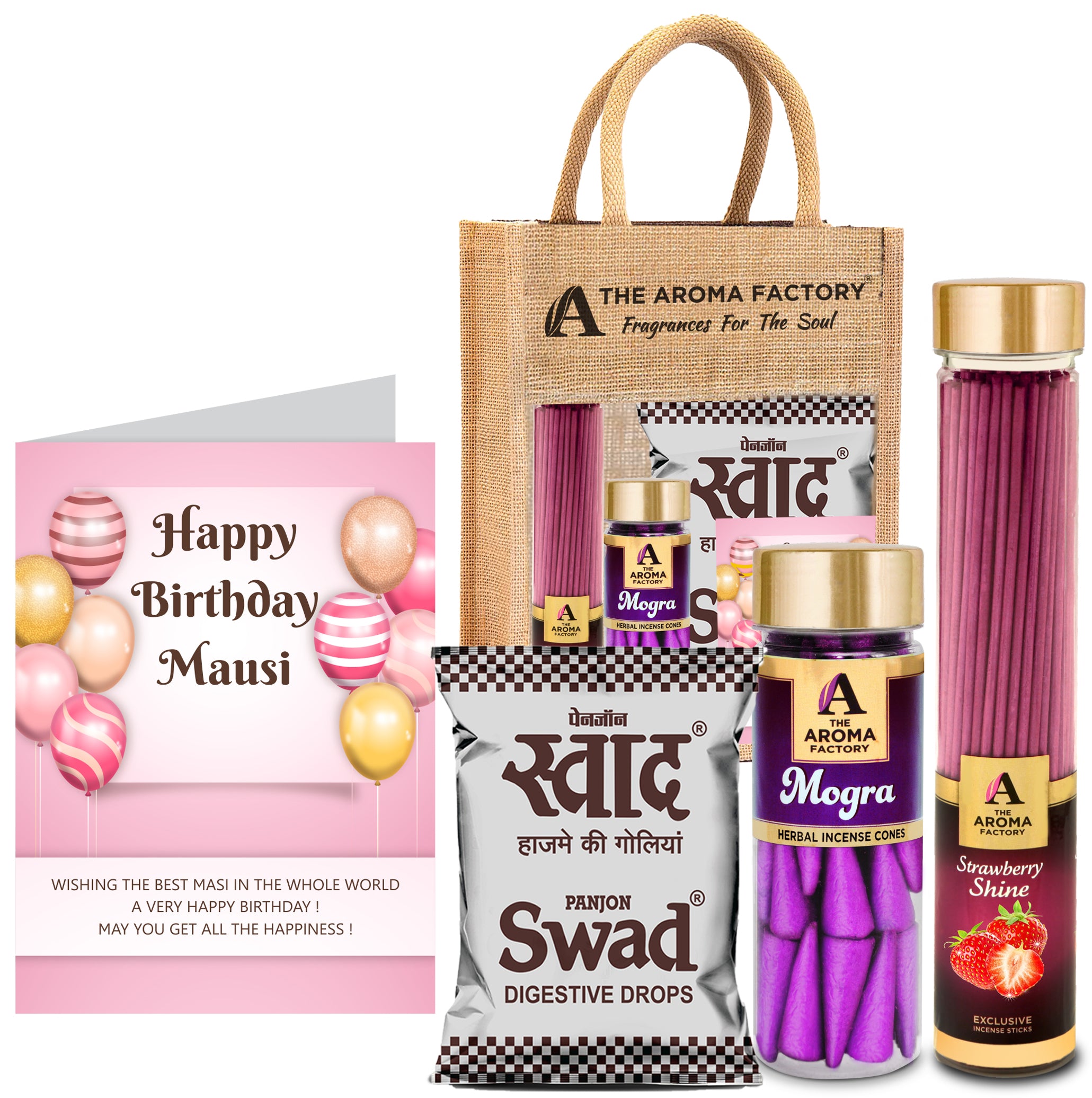 The Aroma Factory Happy Birthday MASI/Mausi Gift with Card (25 Swad Candy, Strawberry Agarbatti Bottle, Mogra Cone) in Jute Bag