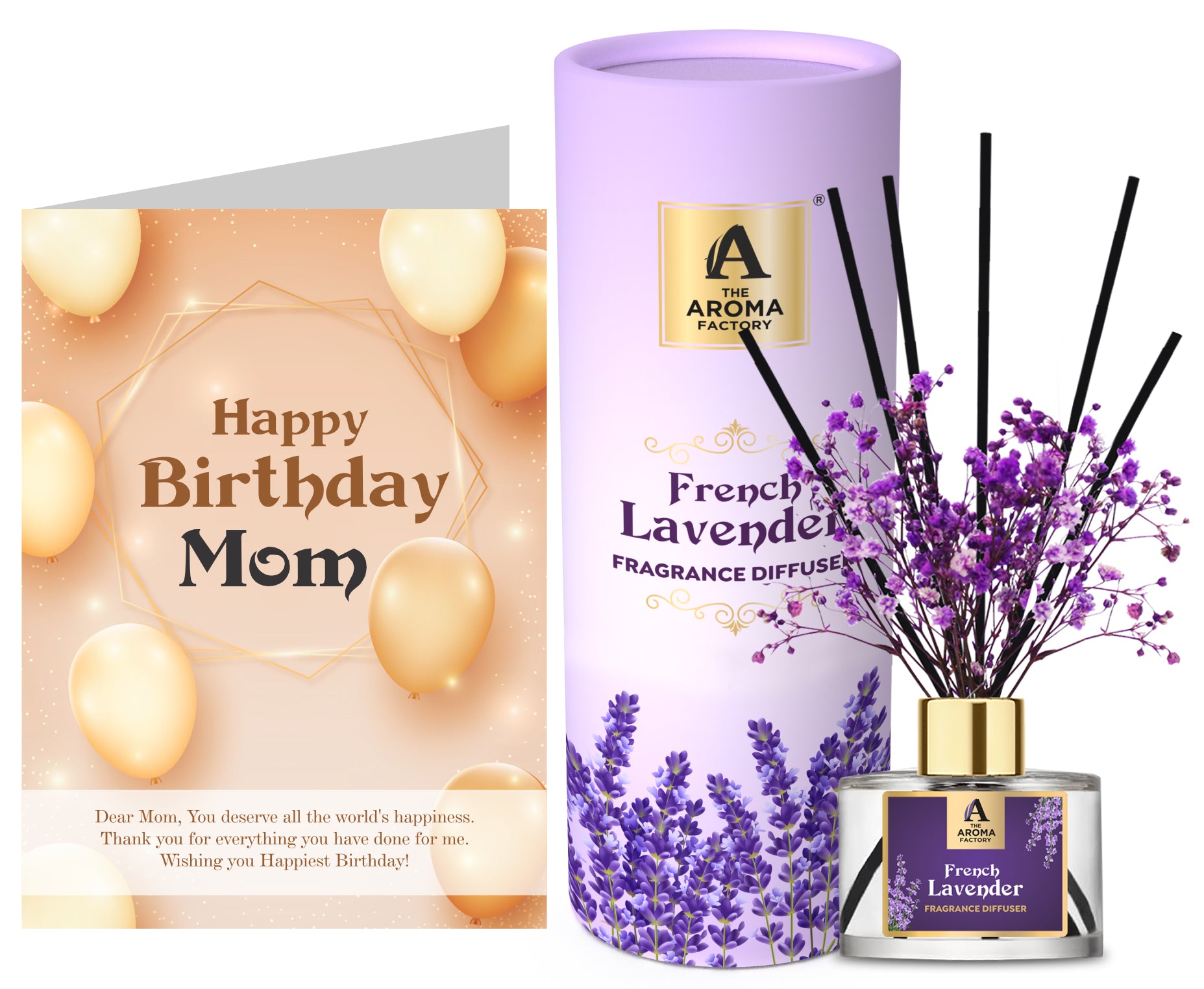 The Aroma Factory Happy Birthday Mom Mother Gift with Card, French Lavender Fragrance Reed Diffuser Set (1 Box + 1 Card)