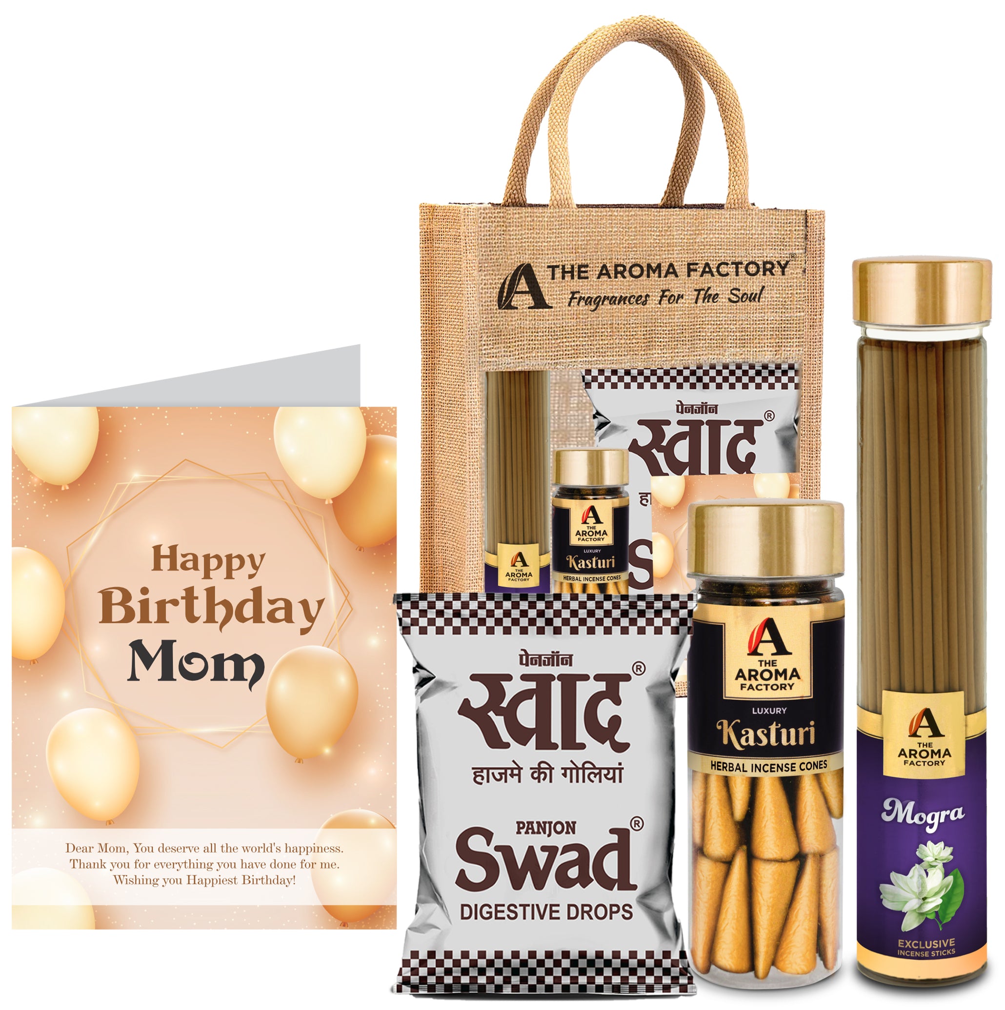 The Aroma Factory Happy Birthday Mom Mother Gift with Card (25 Swad Candy, Mogra Agarbatti Bottle, Kasturi Cone) in Jute Bag
