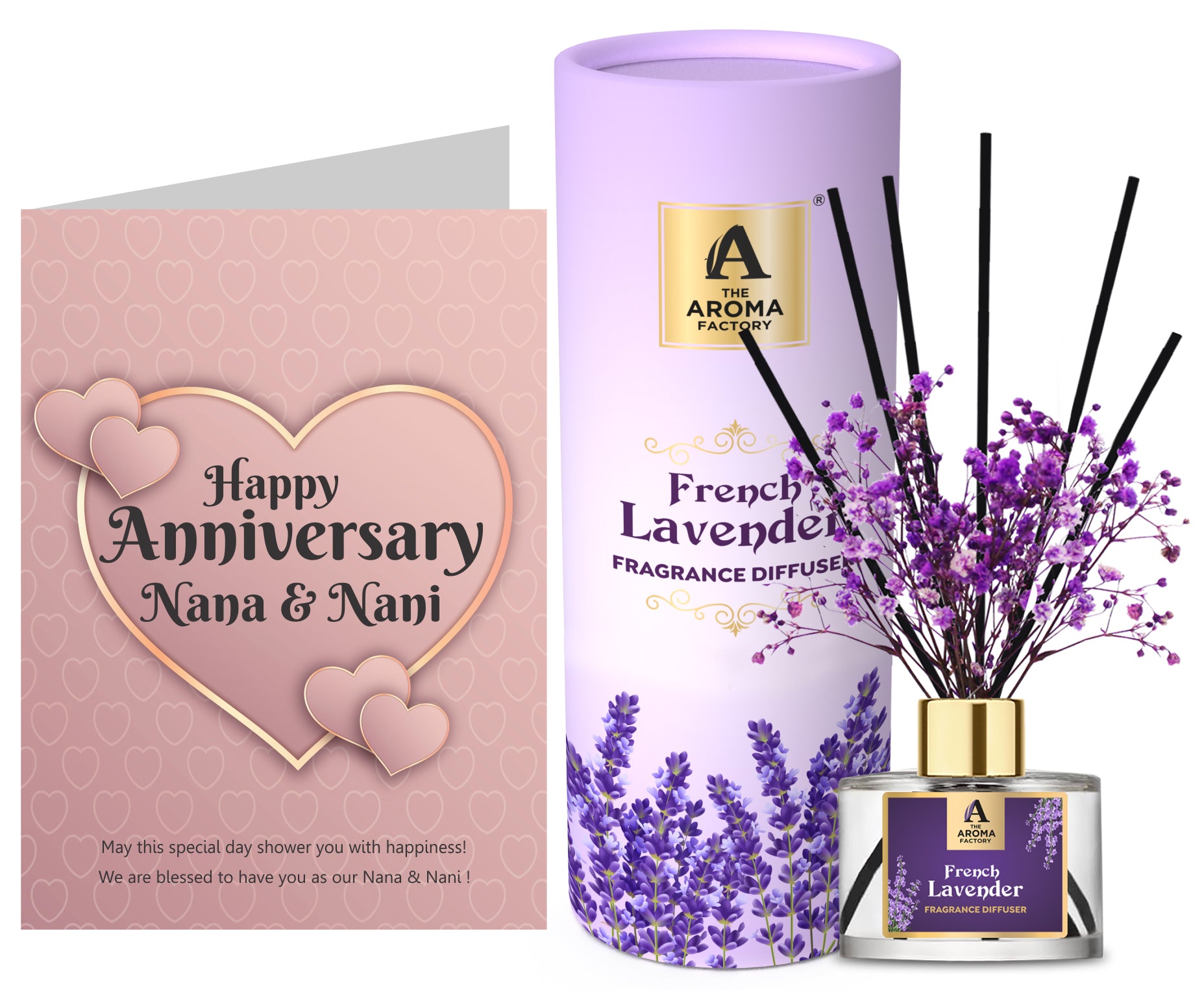The Aroma Factory Happy Anniversary Nana & Nani Gift with Card, French Lavender Fragrance Reed Diffuser Set (1 Box + 1 Card)