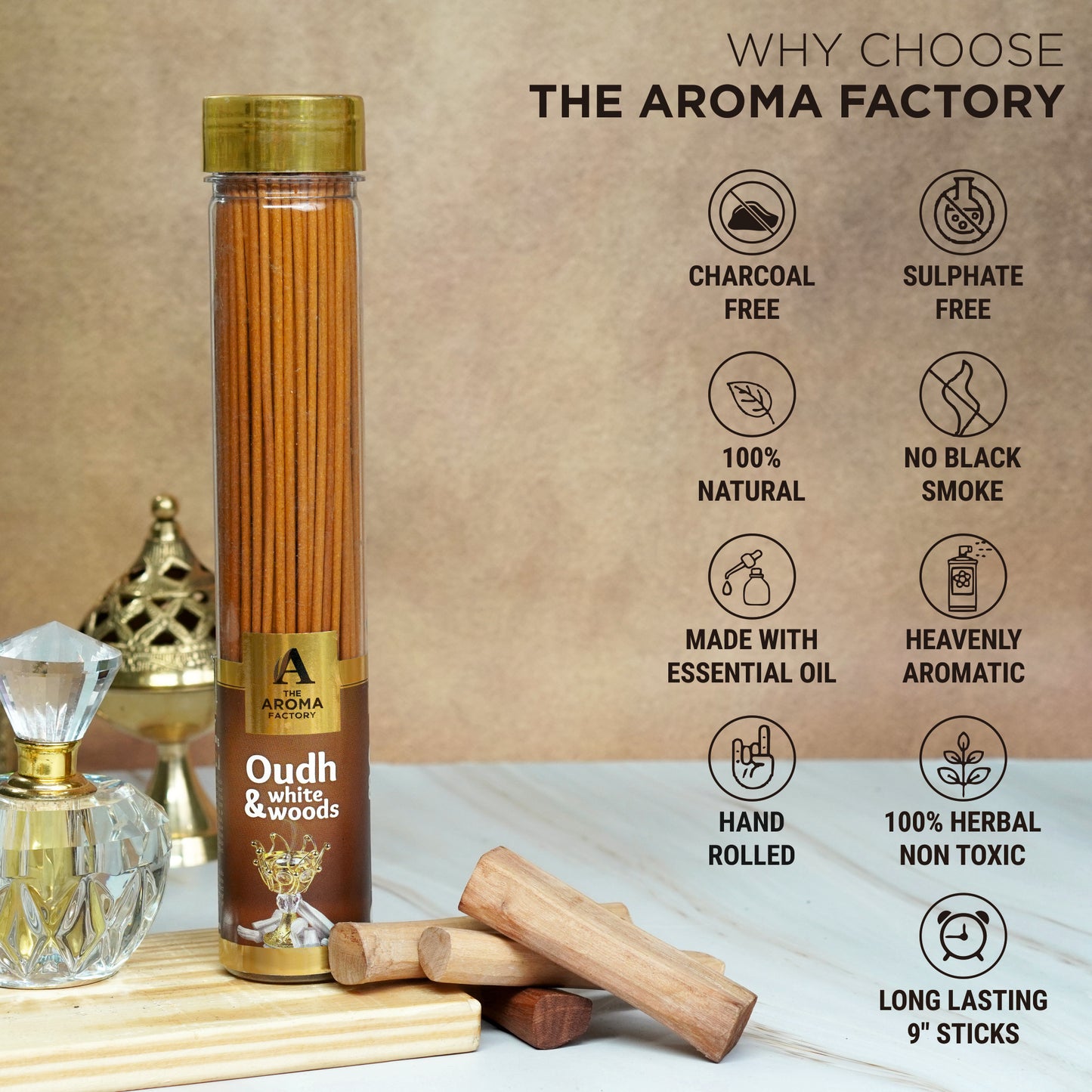 The Aroma Factory Oudh & White Woods Incense Stick (0% Charcoal 0% Sulphates) Agarbatti Bottle Pack, 100G