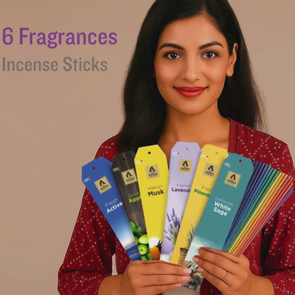 The Aroma Factory Premium Incense Sticks for Pooja | Set of 6 Fragrances Gift Pack (Lavender, Musk, White Sage, Fresh, Apple) 120 Agarbatti (6 x 20 Sticks Each)