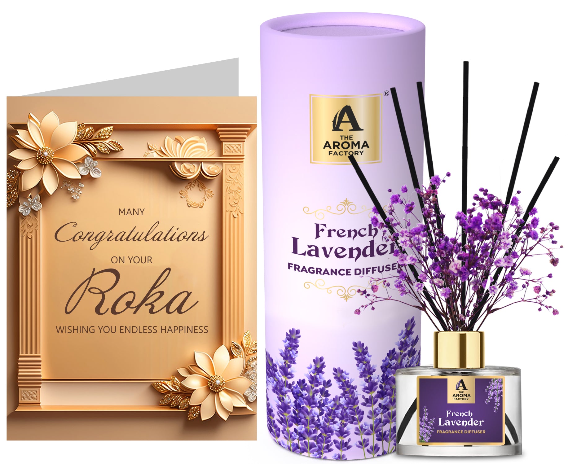 The Aroma Factory Gift for Roka Ceremony/pre Engagement Hamper with Card, French Lavender Fragrance Reed Diffuser Set (1 Box + 1 Card)
