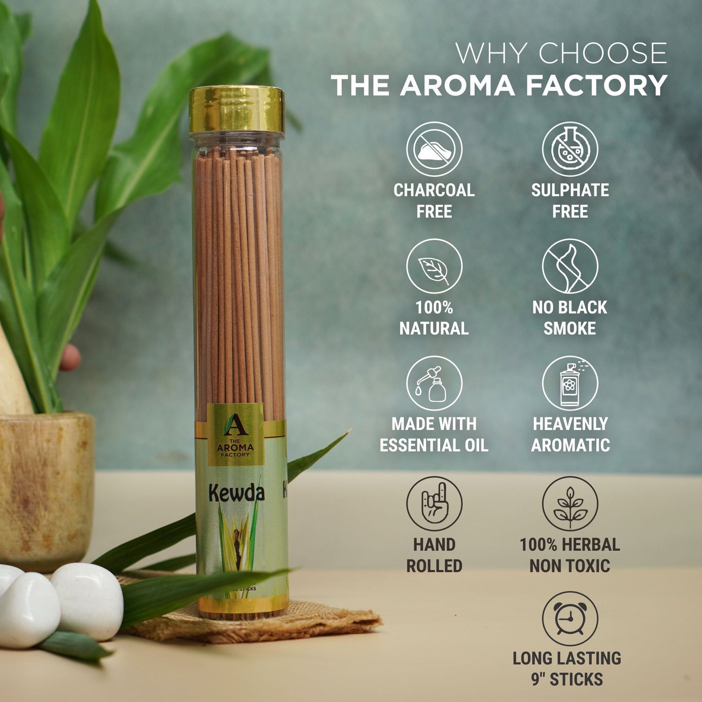 The Aroma Factory Kewda Incense Stick (0% Charcoal 0% Sulphates) Herbal Agarbatti Bottle Pack, 100G