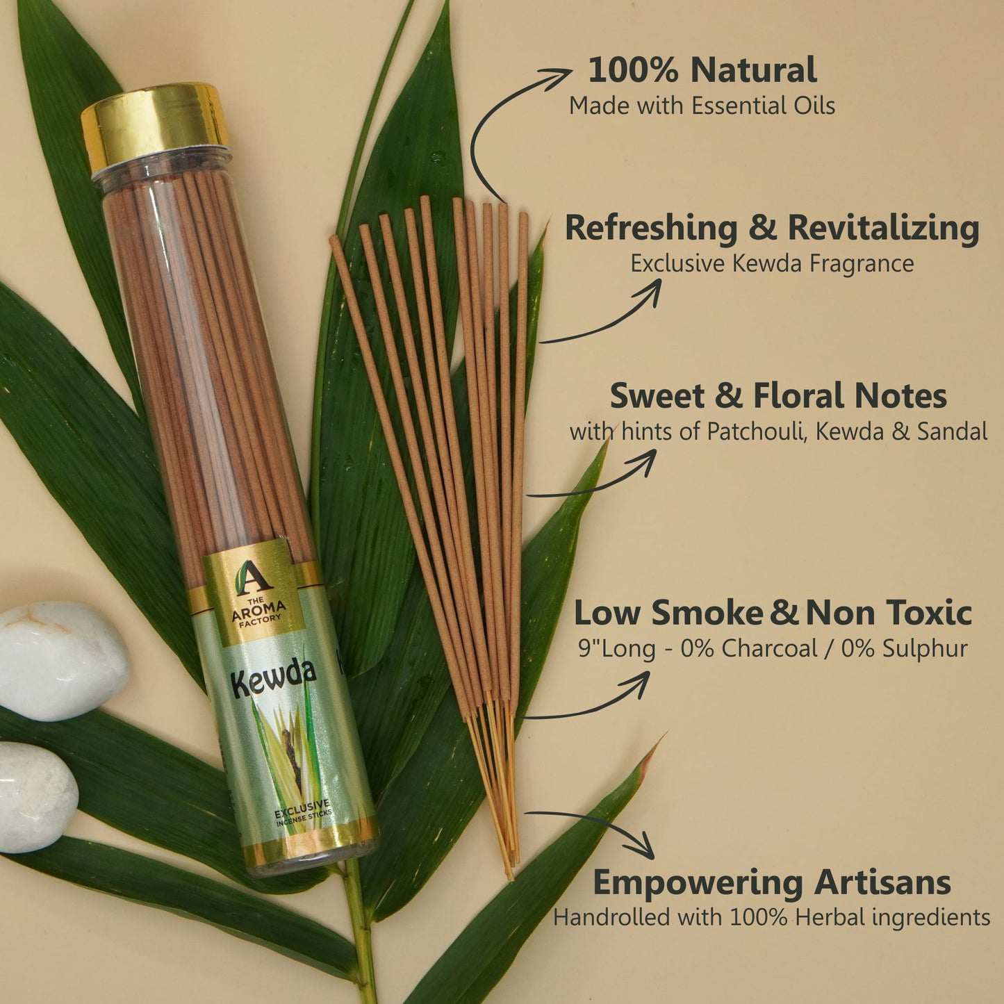 The Aroma Factory Kewda Incense Stick (0% Charcoal 0% Sulphates) Herbal Agarbatti Bottle Pack, 100G