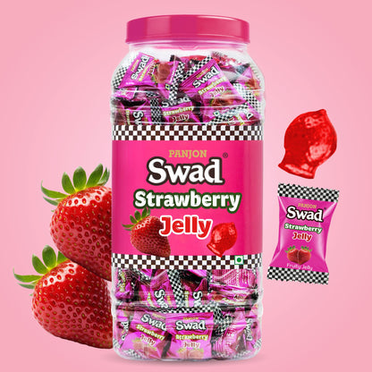 Swad Strawberry Jelly Candy, Soft & Chewy Fruit Sweets, 900g Jar