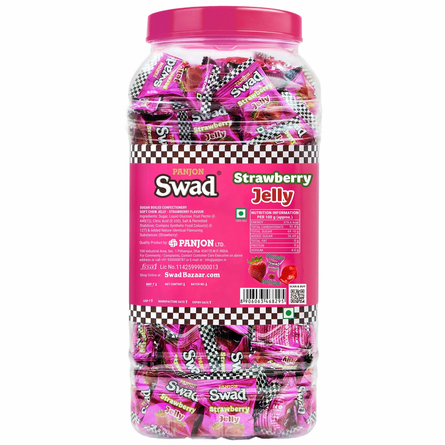 Swad Strawberry Jelly Candy, Soft & Chewy Fruit Sweets, 900g Jar