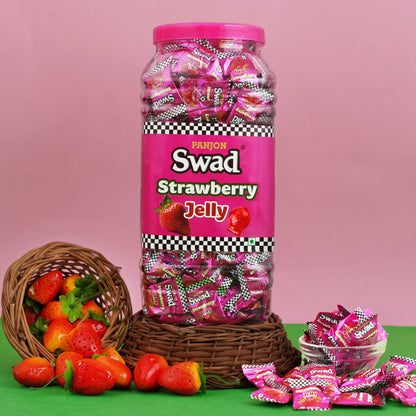 Swad Strawberry Jelly Candy, Soft & Chewy Fruit Sweets, 900g Jar