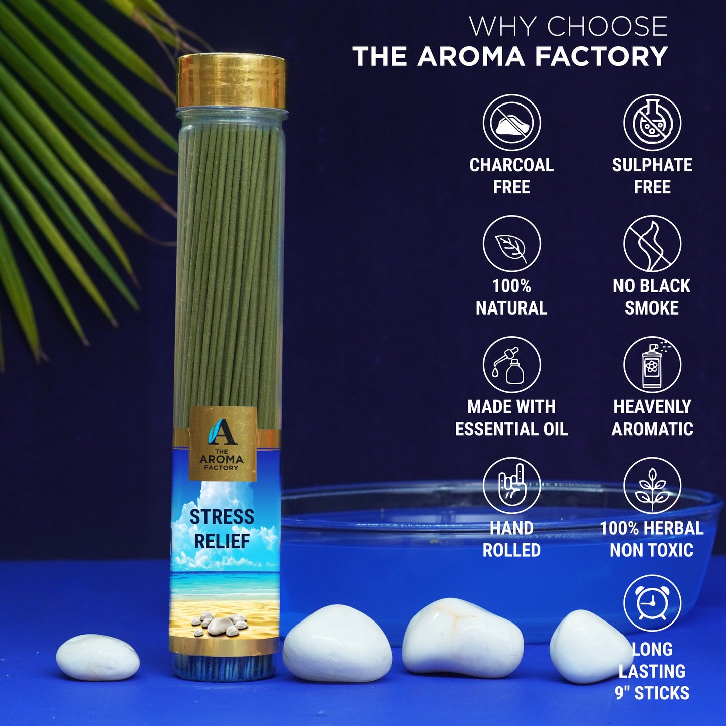 The Aroma Factory Stress Relief Incense Stick Agarbatti (0% Charcoal 0% Sulphates) Organic & Herbal Agarbatti Bottle Pack, 100G