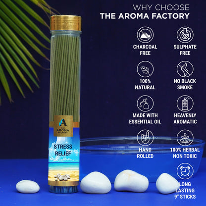 The Aroma Factory Stress Relief Incense Stick Agarbatti (0% Charcoal 0% Sulphates) Organic & Herbal Agarbatti Bottle Pack, 100G