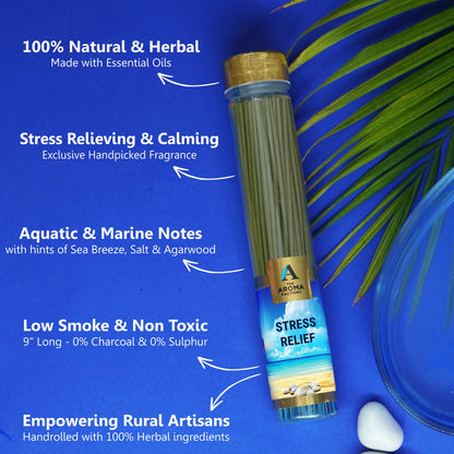 The Aroma Factory Stress Relief Incense Stick Agarbatti (0% Charcoal 0% Sulphates) Organic & Herbal Agarbatti Bottle Pack, 100G