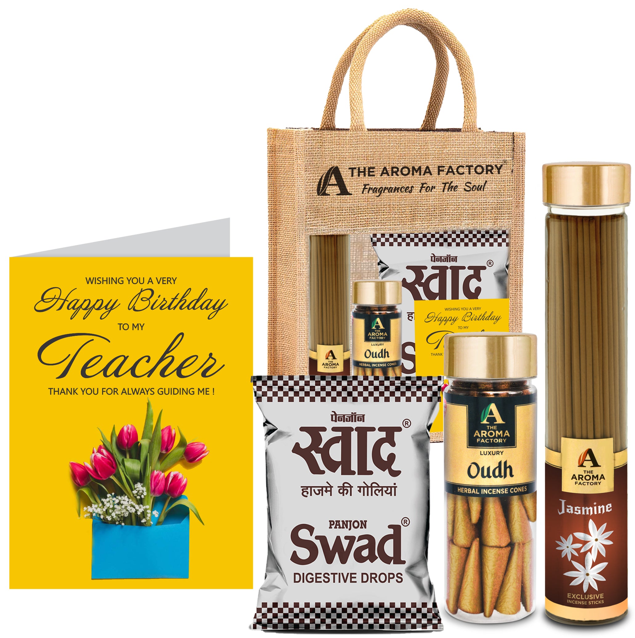The Aroma Factory Happy Birthday Teacher Gift with Card (25 Swad Candy, Jasmine Agarbatti Bottle, Oudh Cone) in Jute Bag
