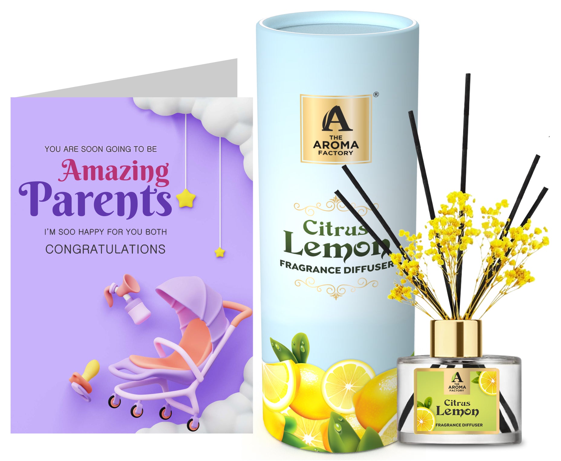 The Aroma Factory Baby Shower Gift Pregnant Expecting Couple/to be Parents with Card, Citrus Lemon Fragrance Reed Diffuser Set (1 Box + 1 Card)