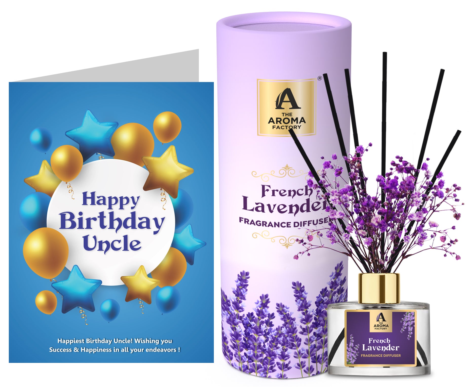 The Aroma Factory Happy Birthday Uncle Gift with Card, French Lavender Fragrance Reed Diffuser Set (1 Box + 1 Card)