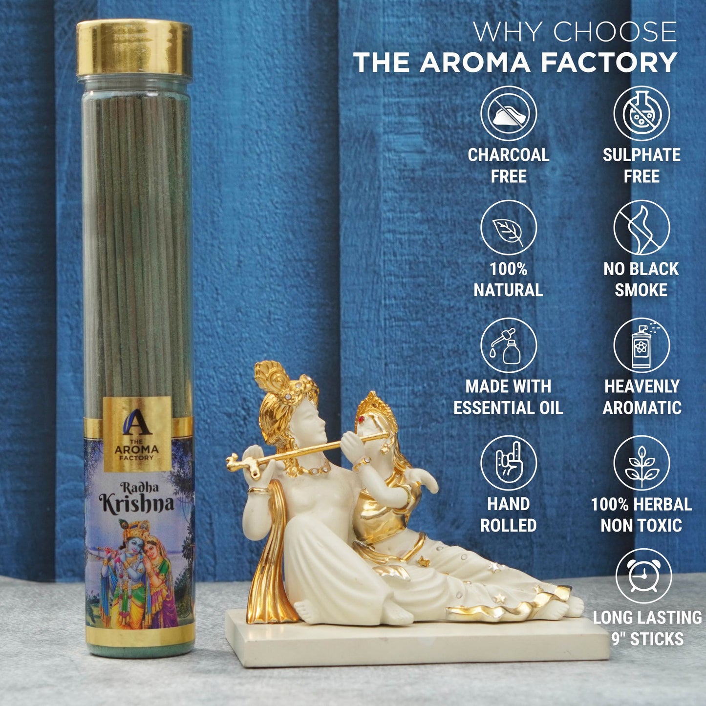 The Aroma Factory Radha Krishna Incense Stick (0% Charcoal 0% Sulphates) Organic & Herbal Agarbatti Bottle Pack, 100G