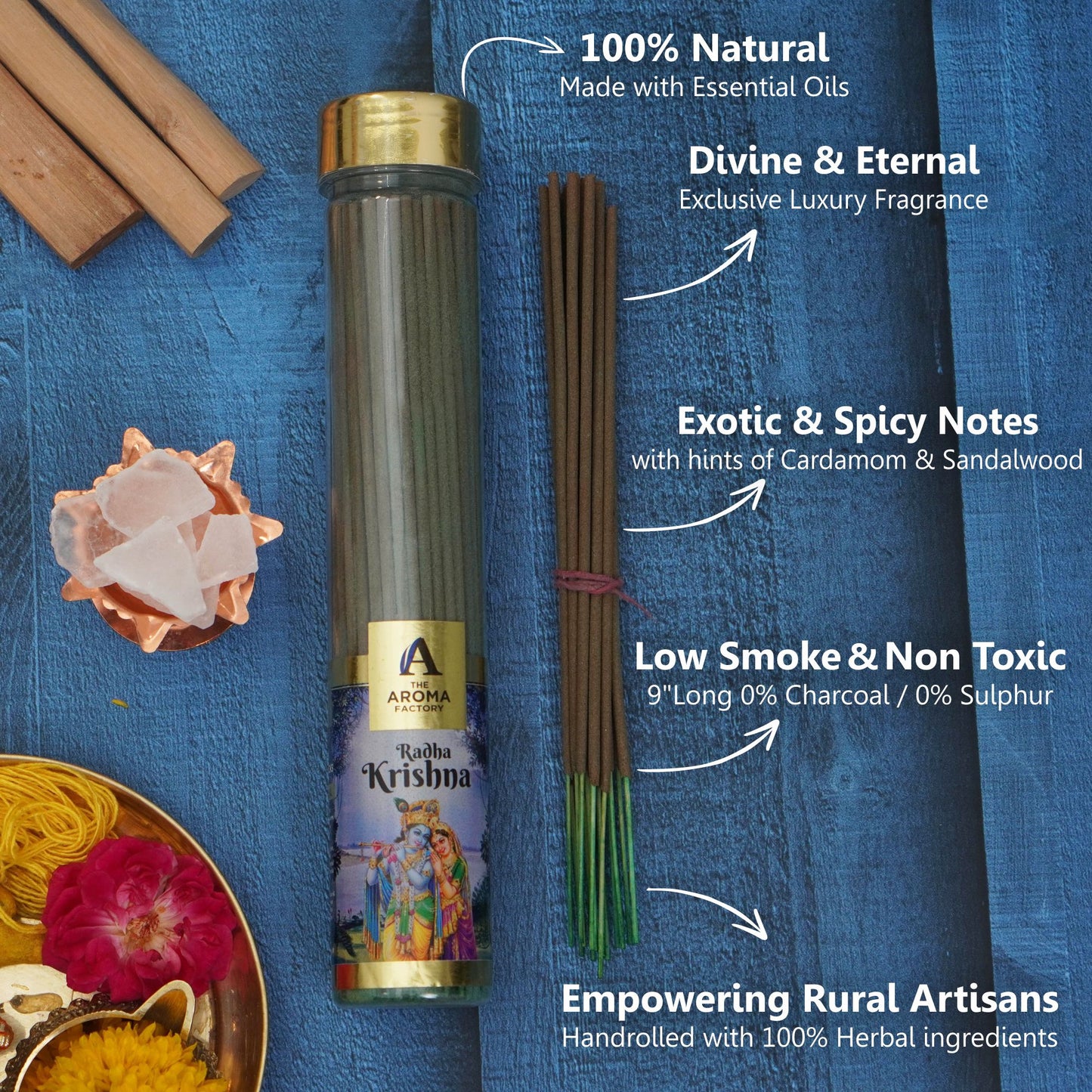 The Aroma Factory Radha Krishna Incense Stick (0% Charcoal 0% Sulphates) Organic & Herbal Agarbatti Bottle Pack, 100G