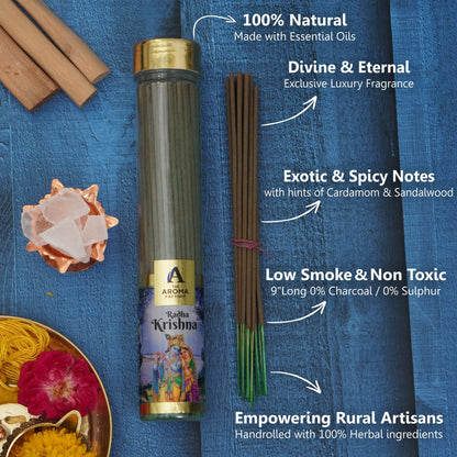 The Aroma Factory Radha Krishna Incense Stick (0% Charcoal 0% Sulphates) Organic & Herbal Agarbatti Bottle Pack, 100G