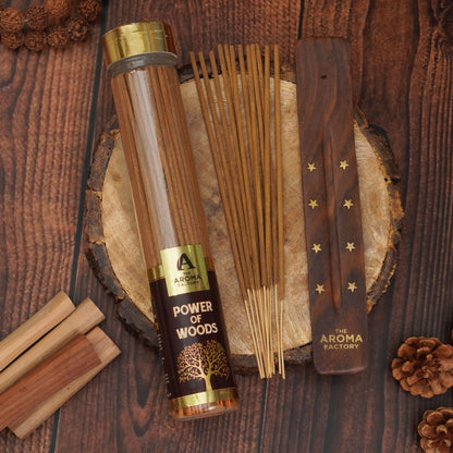 The Aroma Factory Power Of Woods Incense Stick (0% Charcoal 0% Sulphates) Organic Flora Masala Agarbathi Bottle Pack, 100G