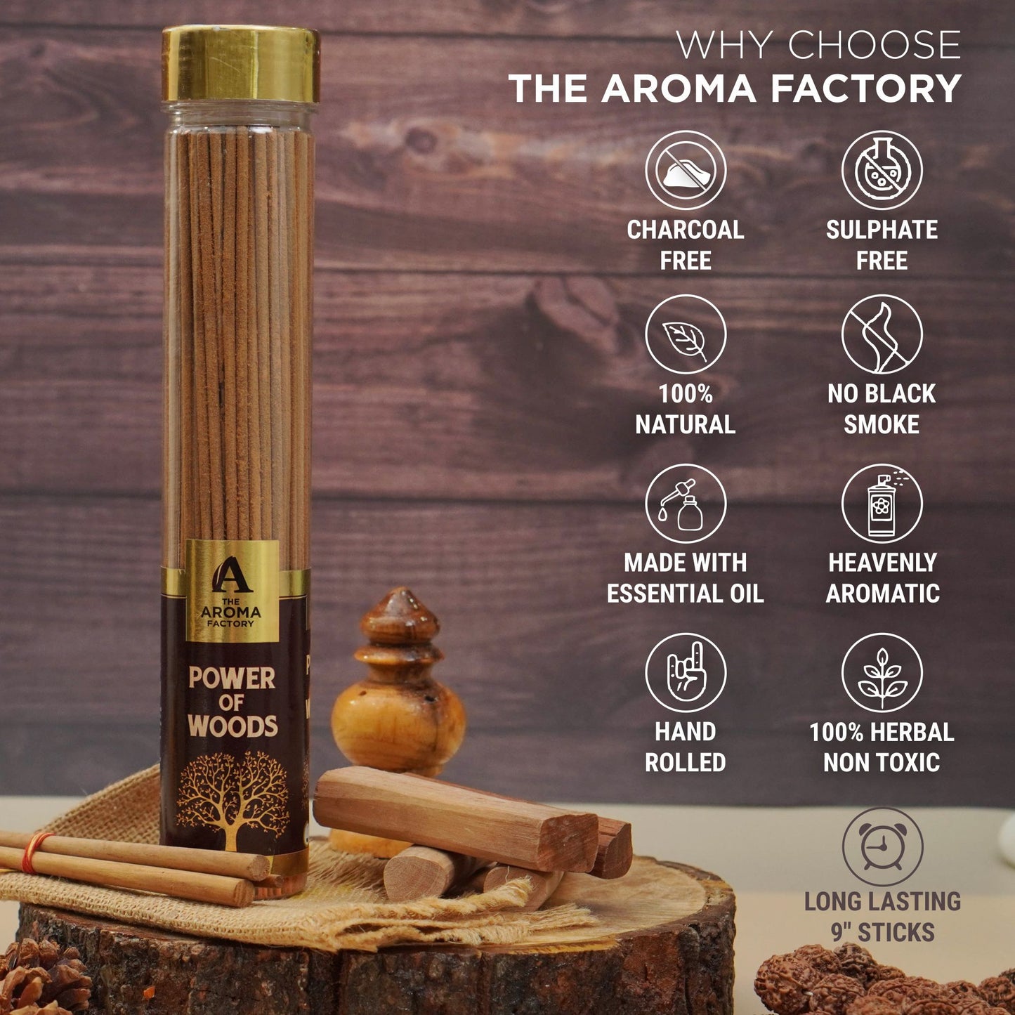 The Aroma Factory Power Of Woods Incense Stick (0% Charcoal 0% Sulphates) Organic Flora Masala Agarbathi Bottle Pack, 100G