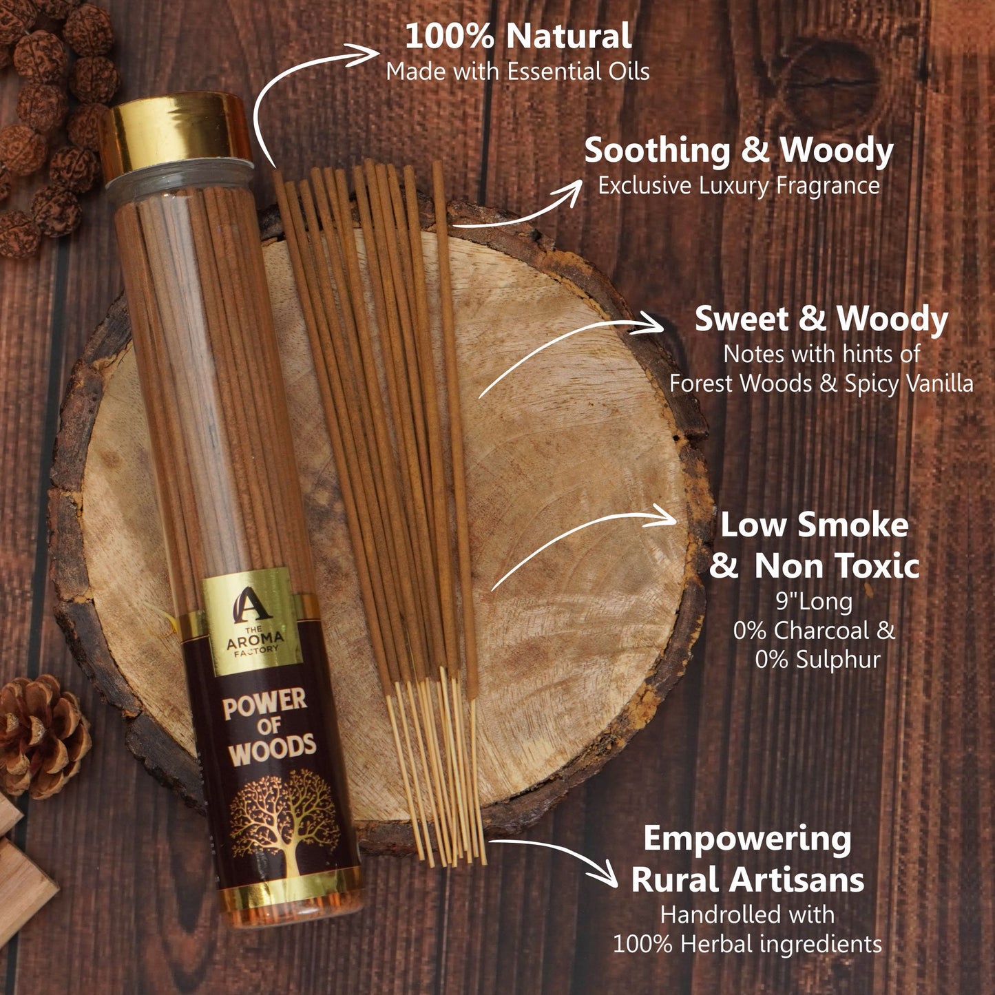 The Aroma Factory Power Of Woods Incense Stick (0% Charcoal 0% Sulphates) Organic Flora Masala Agarbathi Bottle Pack, 100G