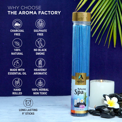 The Aroma Factory Relaxing Spa Incense Stick (0% Charcoal 0% Sulphates) Organic & Herbal Agarbatti Bottle Pack, 100G