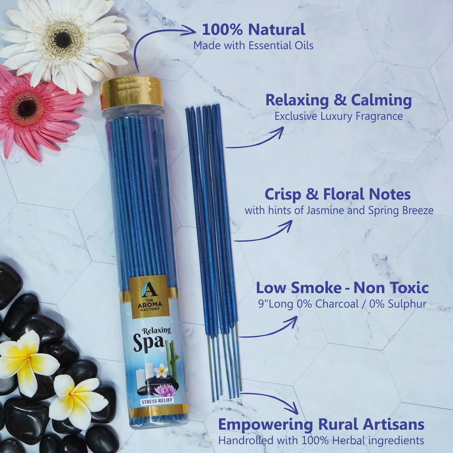 The Aroma Factory Relaxing Spa Incense Stick (0% Charcoal 0% Sulphates) Organic & Herbal Agarbatti Bottle Pack, 100G