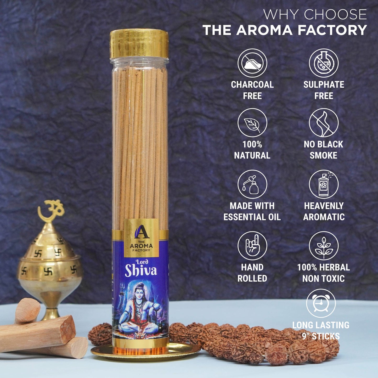 The Aroma Factory Lord Shiva Incense Stick (0% Charcoal 0% Sulphates) Organic & Herbal Agarbatti Bottle Pack, 100G