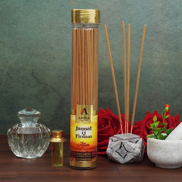 The Aroma Factory Attar Jannat Ul Firdaus Incense Stick (0% Charcoal 0% Sulphates) Organic Agarbatti Bottle Pack, 100G