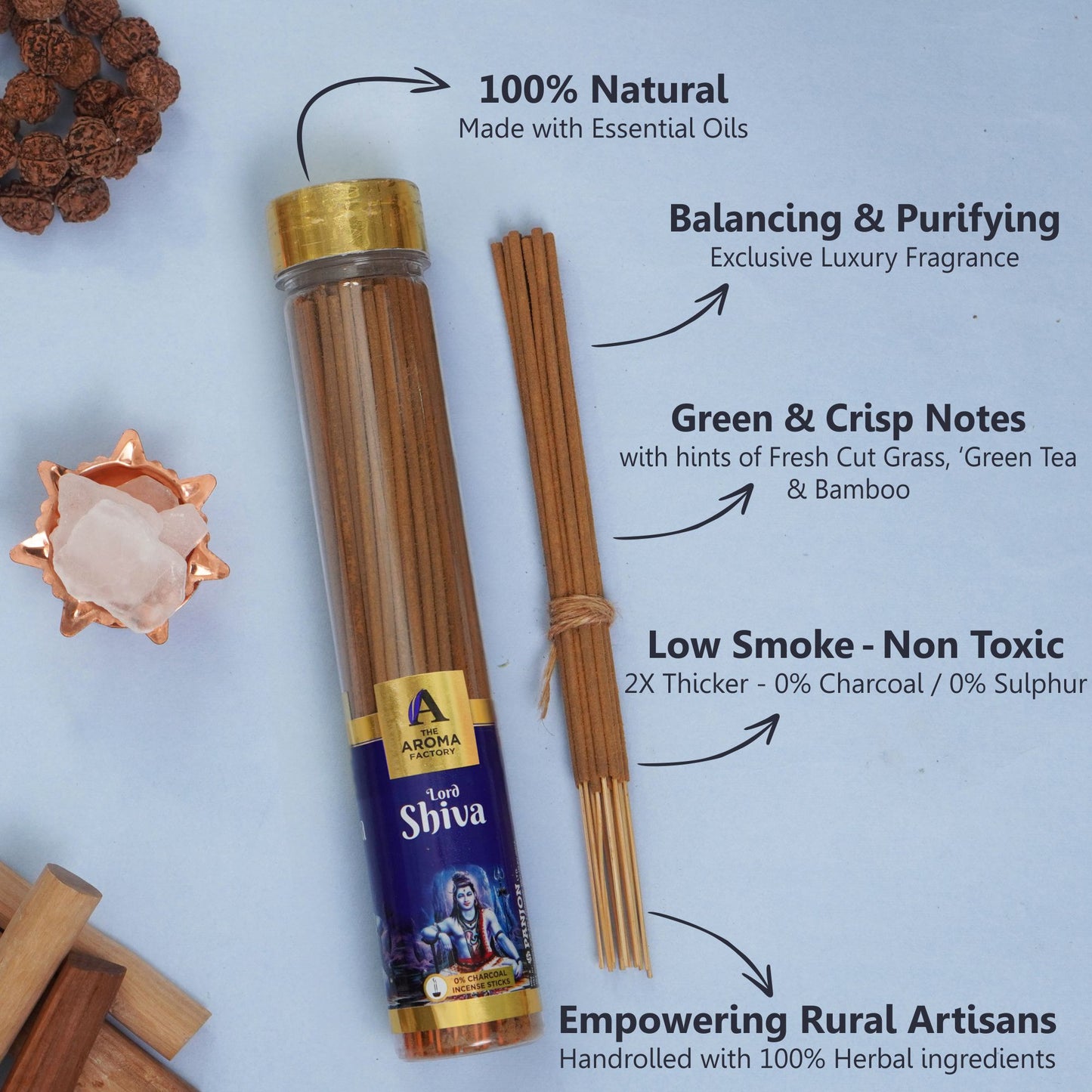 The Aroma Factory Lord Shiva Incense Stick (0% Charcoal 0% Sulphates) Organic & Herbal Agarbatti Bottle Pack, 100G