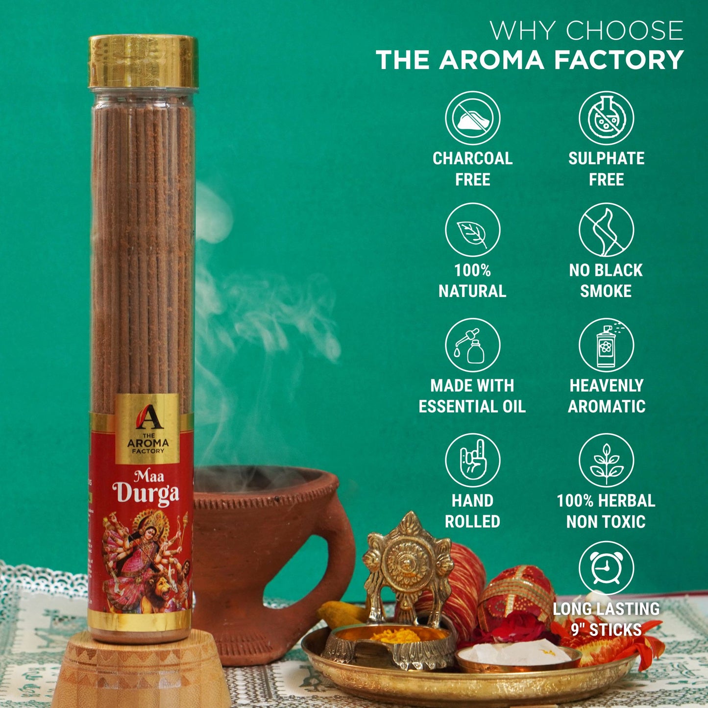 The Aroma Factory Maa Durga Incense Stick (0% Charcoal 0% Sulphates) Organic & Herbal Agarbatti Bottle Pack, 100G