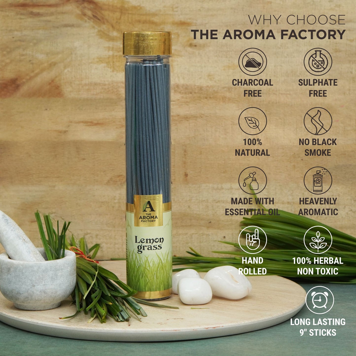 The Aroma Factory Lemongrass Incense Stick Agarbatti (0% Charcoal 0% Sulphates) Organic & Herbal Agarbatti Bottle Pack, 100G