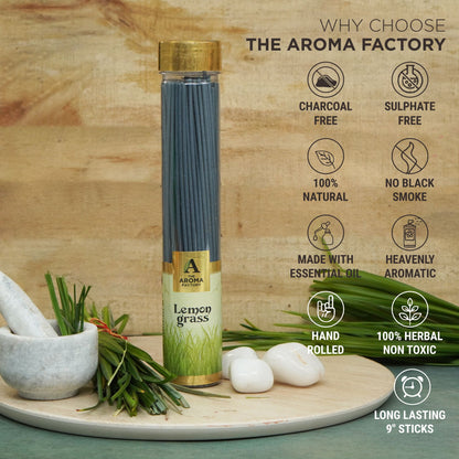 The Aroma Factory Lemongrass Incense Stick Agarbatti (0% Charcoal 0% Sulphates) Organic & Herbal Agarbatti Bottle Pack, 100G