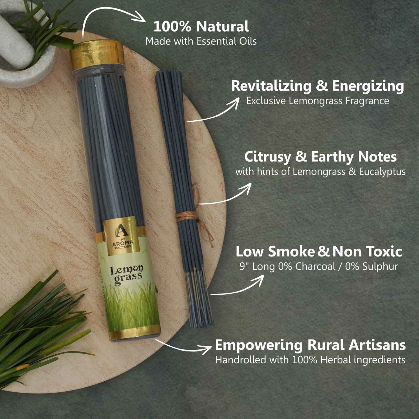 The Aroma Factory Lemongrass Incense Stick Agarbatti (0% Charcoal 0% Sulphates) Organic & Herbal Agarbatti Bottle Pack, 100G
