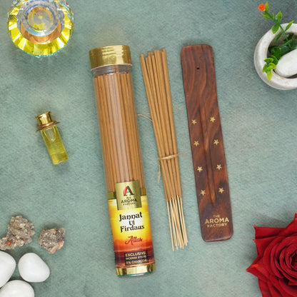 The Aroma Factory Incense Sticks (Oudh, Loban, Attar Jannat ul Firdaus & Rose Agarbatti) 4 bottles, Fragrance Jute Gift Pack