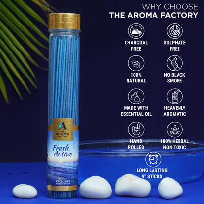 The Aroma Factory Fresh Active Incense Stick (0% Charcoal 0% Sulphates) Organic & Herbal Agarbatti Bottle Pack, 100G