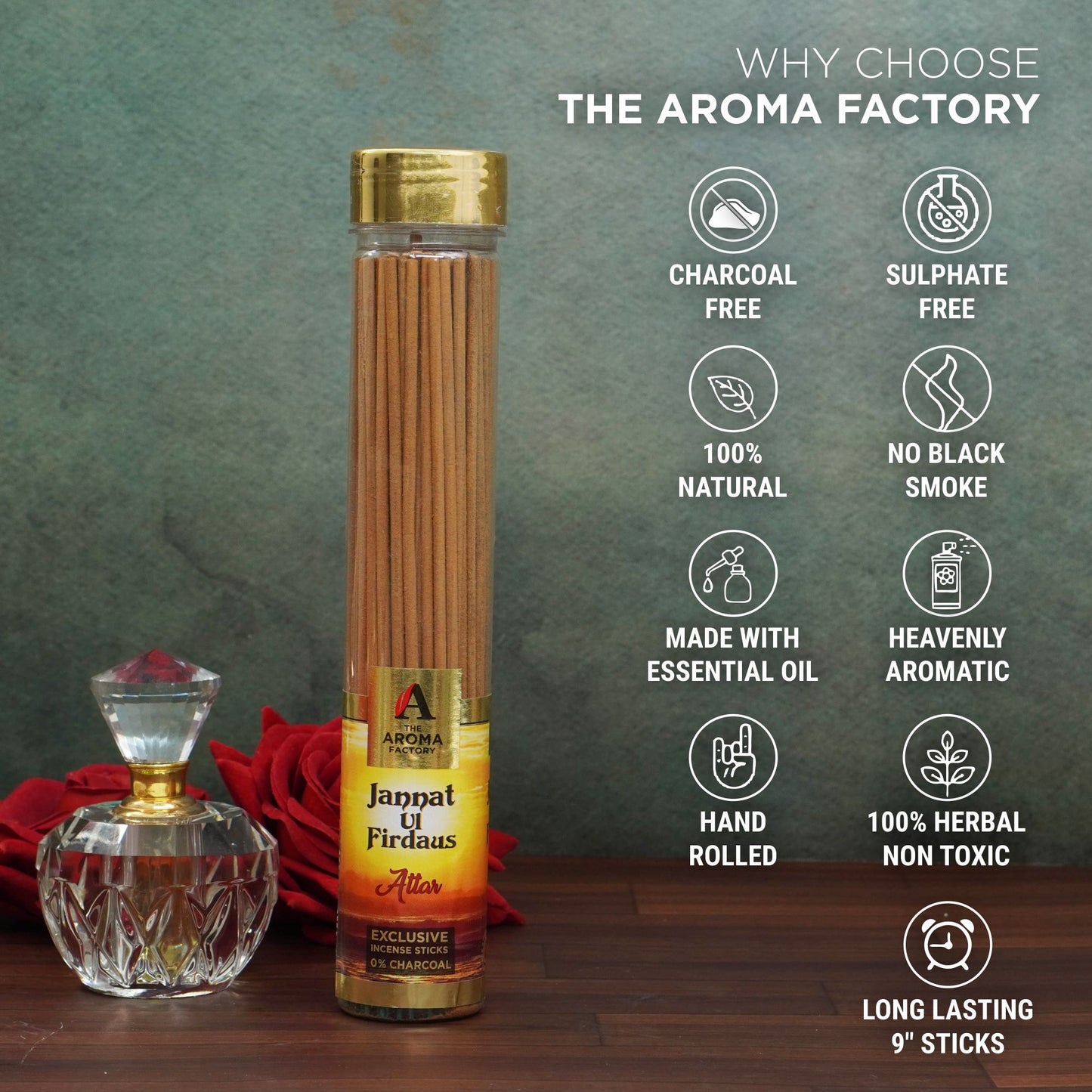 The Aroma Factory Attar Jannat Ul Firdaus Incense Stick (0% Charcoal 0% Sulphates) Organic Agarbatti Bottle Pack, 100G