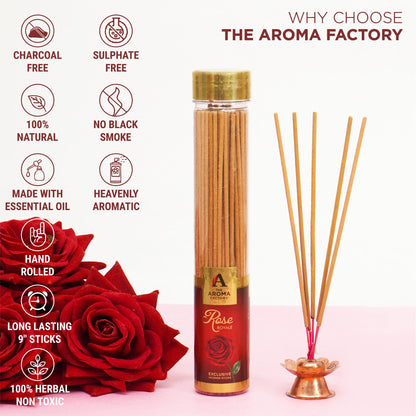 The Aroma Factory Rose Incense Stick (0% Charcoal 0% Sulphates) Herbal Agarbatti Bottle Pack, 100G