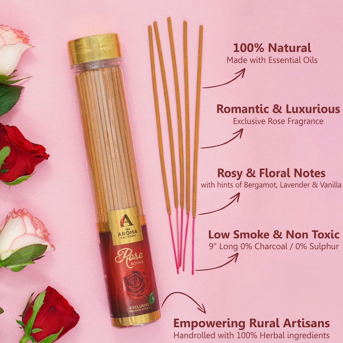 The Aroma Factory Incense Sticks (Saffron Sandal Kesar Chandan, Rose, Fresh Active & Lavender Agarbatti) 4 bottles, Fragrance Jute Gift Pack