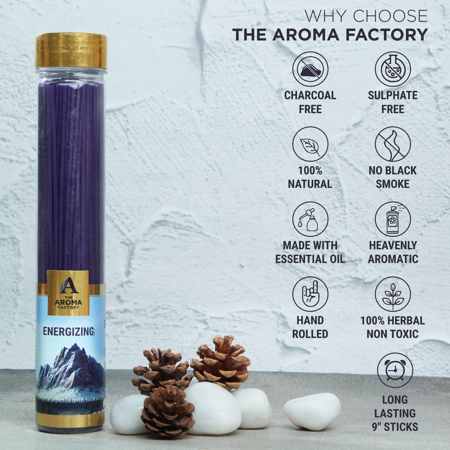 The Aroma Factory Energizing  Incense Stick (0% Charcoal 0% Sulphates) Organic & Herbal Agarbatti Bottle Pack, 100G