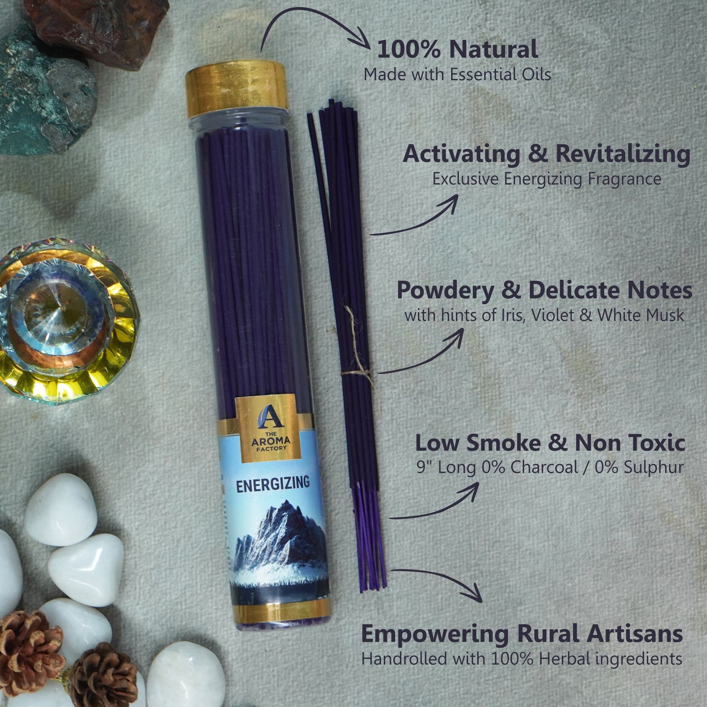 The Aroma Factory Incense Sticks (Meditation, Stress Relief, Sensuality & Energizing Agarbatti) 4 bottles, Fragrance Jute Gift Pack