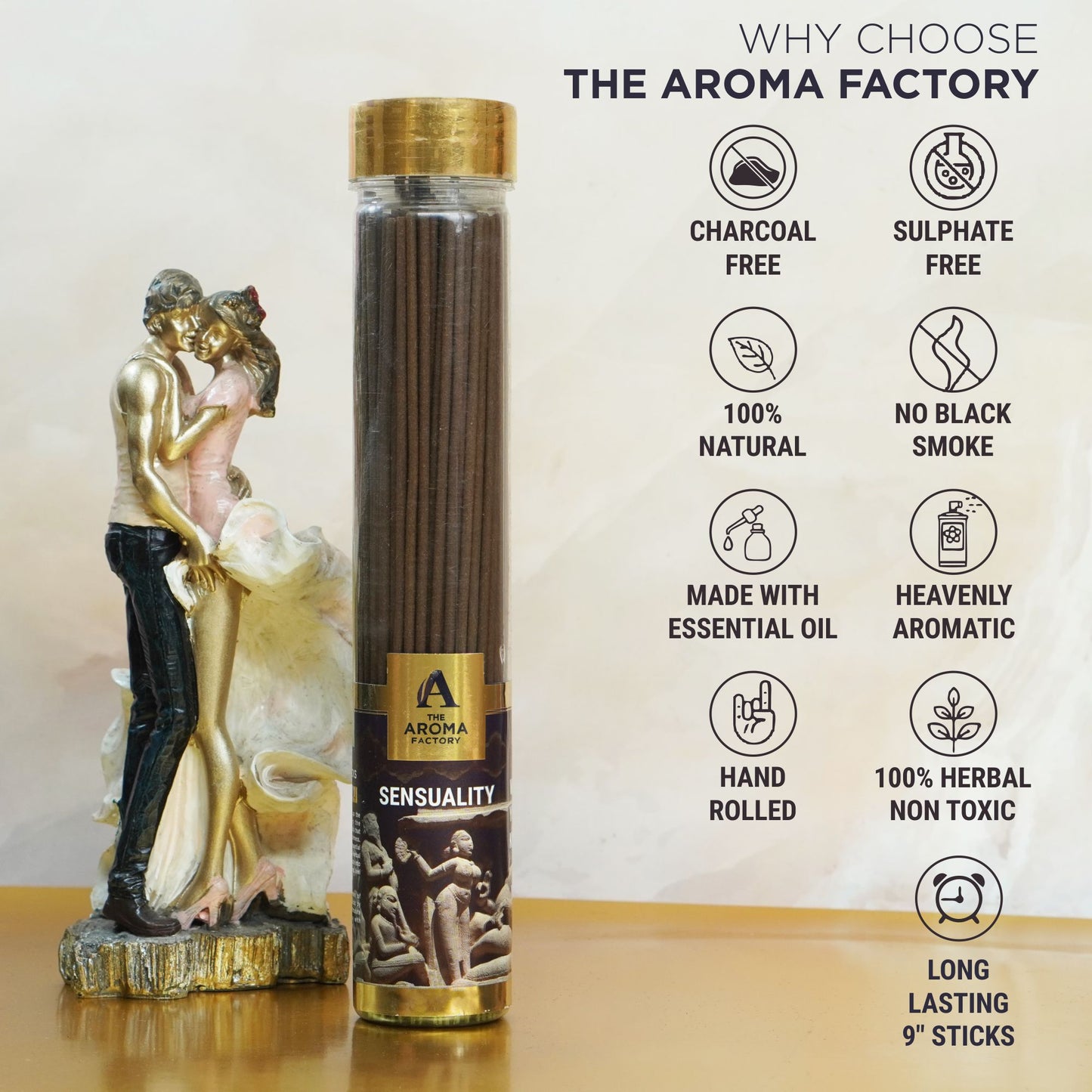The Aroma Factory Sensuality Incense Stick Agarbatti (0% Charcoal 0% Sulphates) Organic & Herbal Agarbatti Bottle Pack, 100G