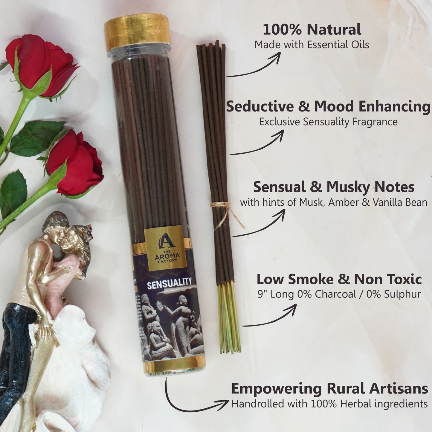 The Aroma Factory Sensuality Incense Stick Agarbatti (0% Charcoal 0% Sulphates) Organic & Herbal Agarbatti Bottle Pack, 100G