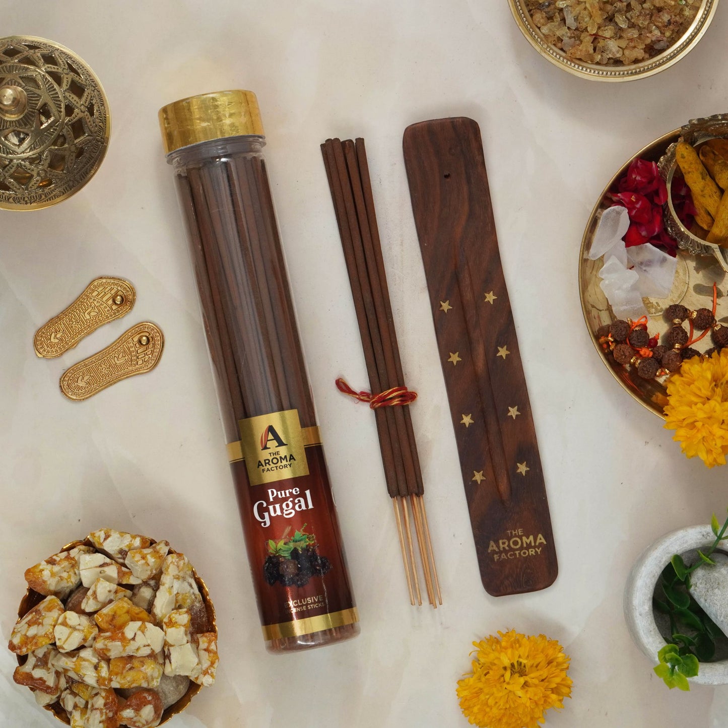 The Aroma Factory Incense Sticks (Saffron Sandal,Loban, Gugal & 3 in 1 Agarbatti) 4 bottles, Fragrance Jute Gift Pack