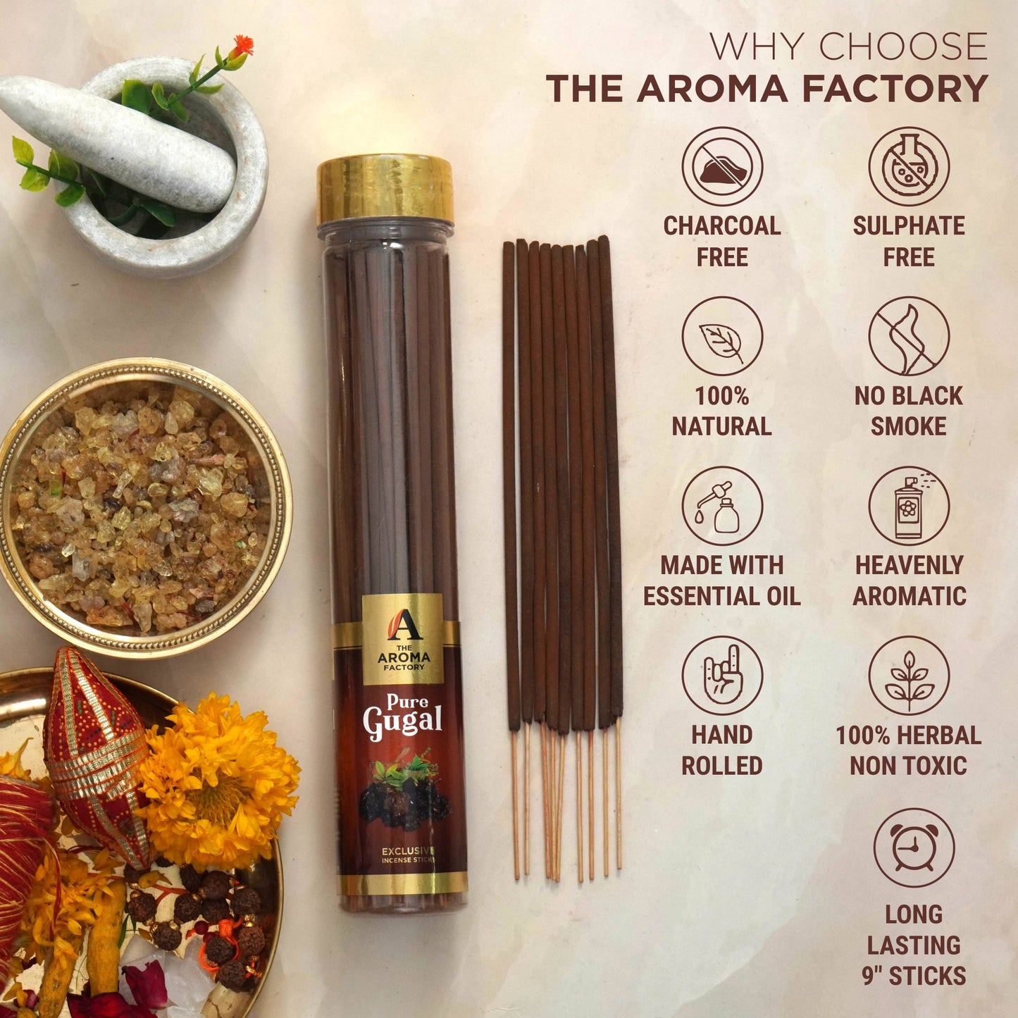 The Aroma Factory Pure Gugal Incense Stick (0% Charcoal 0% Sulphates) Herbal Guggal Agarbatti Bottle Pack, 100G