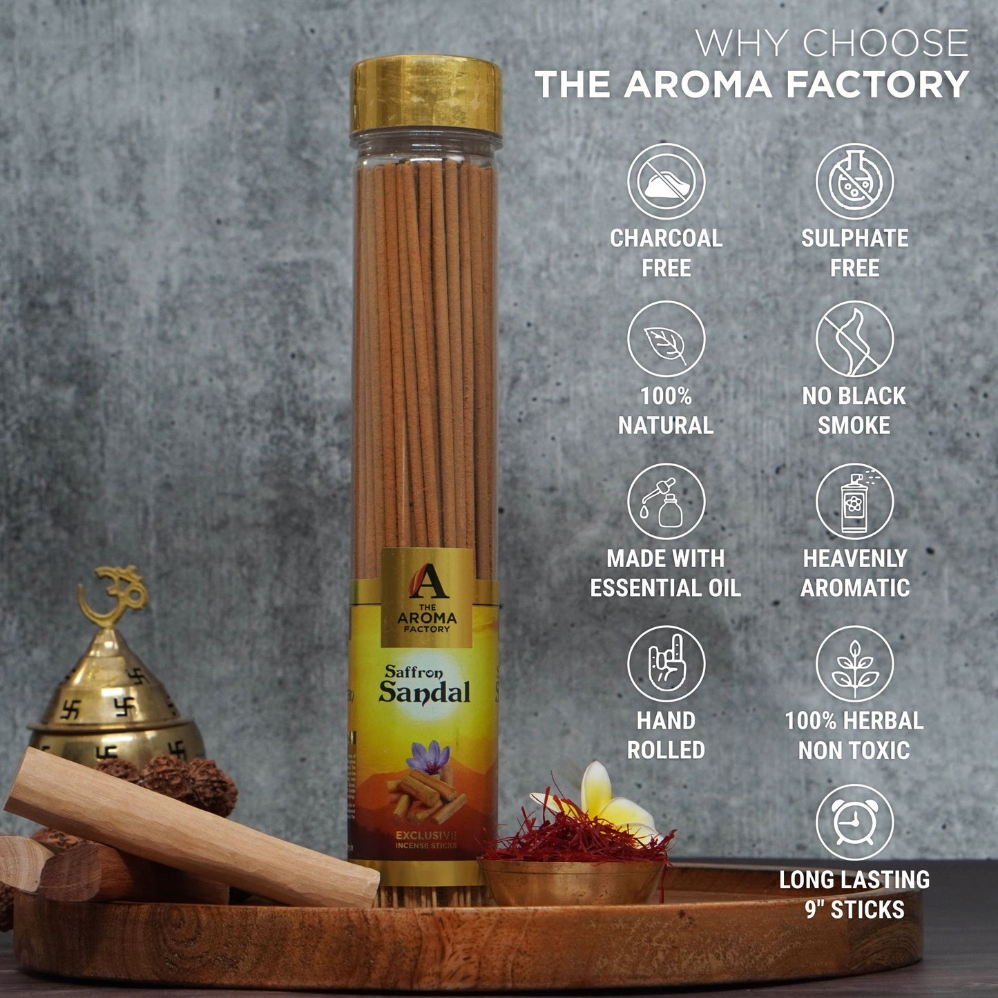 The Aroma Factory Incense Sticks (Saffron Sandal Kesar Chandan, Rose, Fresh Active & Lavender Agarbatti) 4 bottles, Fragrance Jute Gift Pack