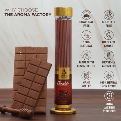 The Aroma Factory Chocolate Temptation Incense Stick (0% Charcoal 0% Sulphates) Organic & Herbal Agarbatti Bottle Pack, 100G