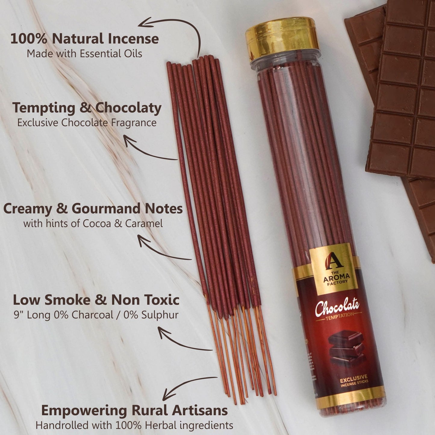 The Aroma Factory Chocolate Temptation Incense Stick (0% Charcoal 0% Sulphates) Organic & Herbal Agarbatti Bottle Pack, 100G