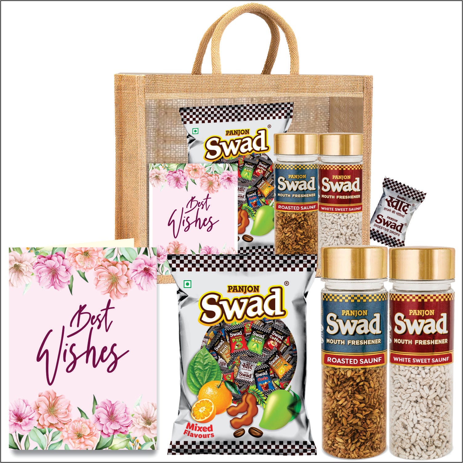 Swad Best Wishes Gift Hamper Set (Mixed Toffee & Rosted Saunf & White Sweet Saunf Pachak Mukhwas Mouthfreshener, 25 Candy & 2 bottle) with Greeting Card & Jute Bag,Gift Item