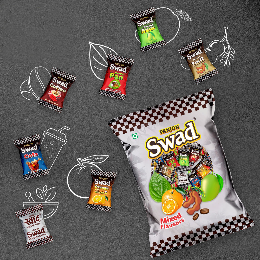Swad Best Wishes Gift Hamper Set (Mixed Toffee & Rosted Saunf & White Sweet Saunf Pachak Mukhwas Mouthfreshener, 25 Candy & 2 bottle) with Greeting Card & Jute Bag,Gift Item