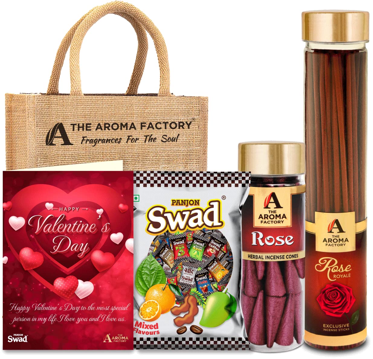 The Aroma Factory Happy Valentine's Day Gift Hamper Set (Swad Mix 25 Candy, Incense Rose Agarbatti, Rose Dhoopcone, Greeting Card, Jute Bag) Gift Item for Your Valentine